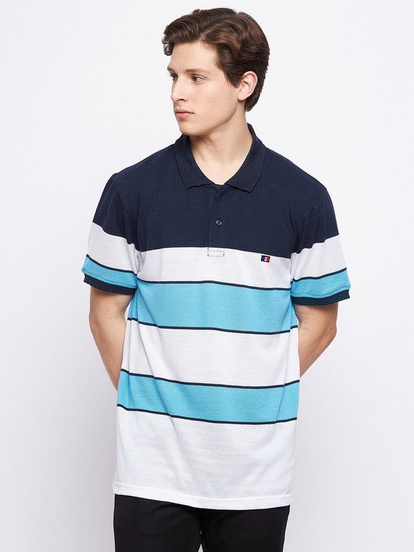 Men Striped Polo Neck Cotton Blend Navy Blue T-Shirt