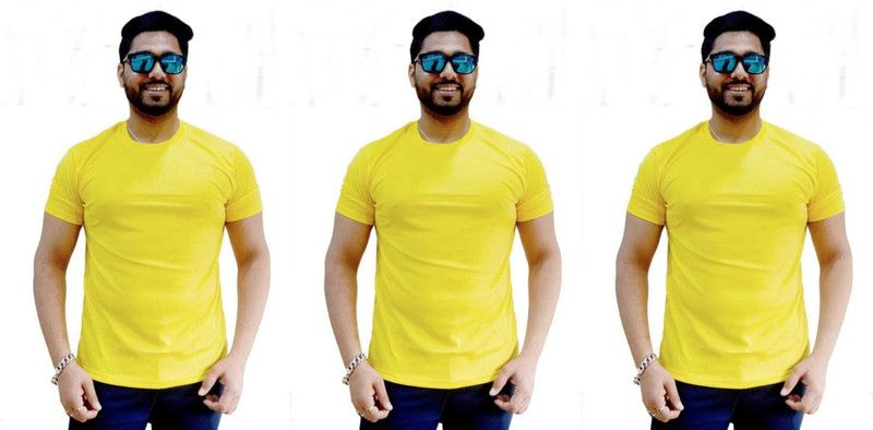 Pack of 3 Men Solid Round Neck Polyester Yellow T-Shirt