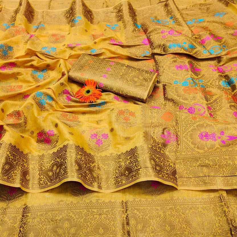 Woven Daily Wear Pure Cotton Saree  (Mustard)