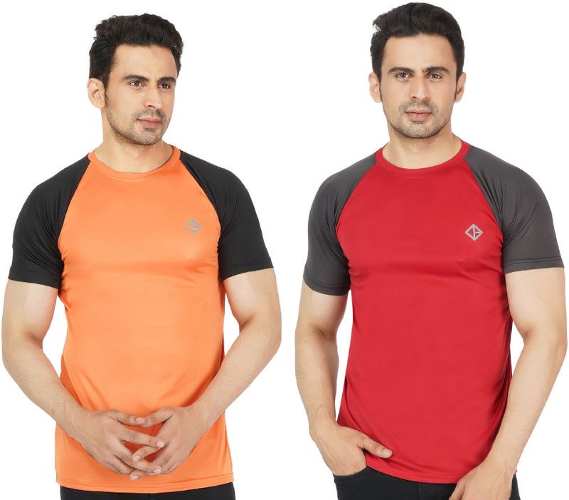 Pack of 2 Men Colorblock Round Neck Poly Cotton Red, Orange T-Shirt