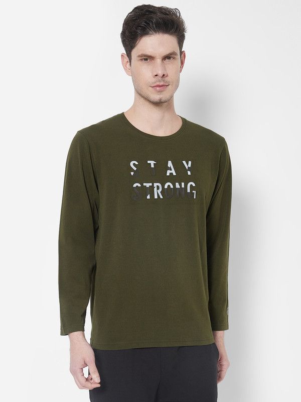 Men Geometric Print Crew Neck Cotton Blend Green T-Shirt