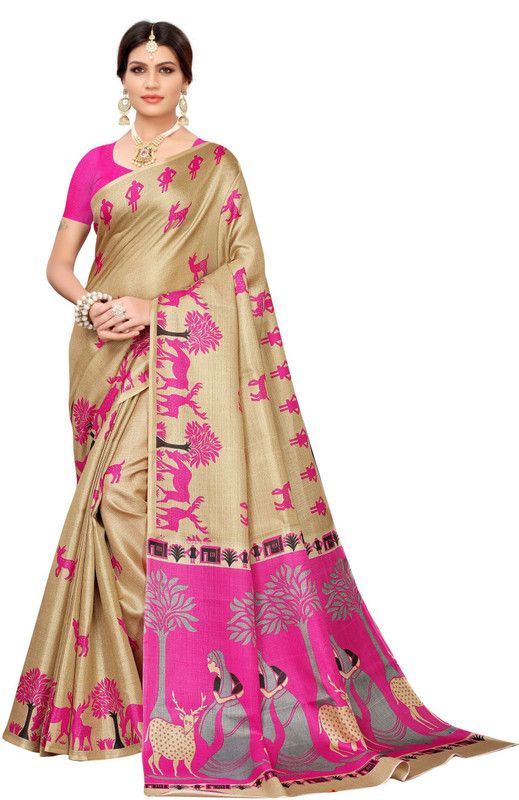Assam Silk Georgette Saree  (Beige, Pink)