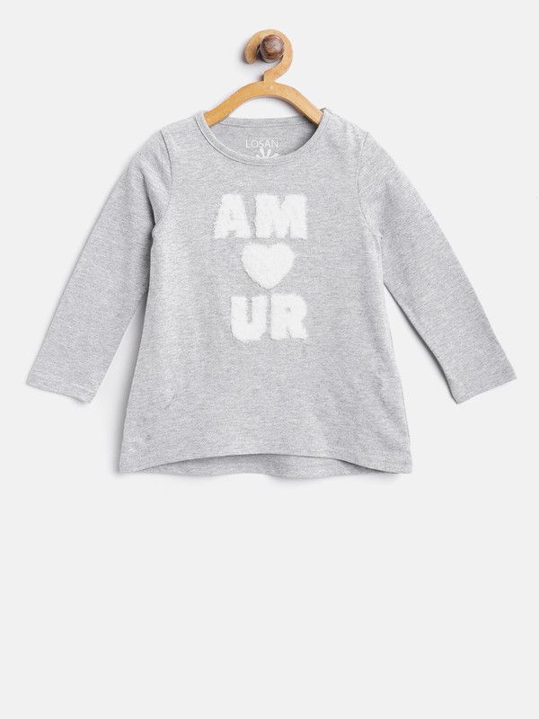 Girls Self Design Pure Cotton T Shirt  (Grey, Pack of 1)