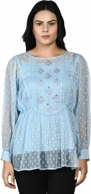 Casual Cuffed Sleeves Self Design Women Blue Top