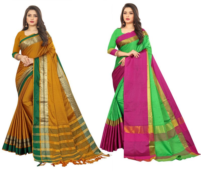 Striped Maheshwari Cotton Silk Saree  (Pack of 2, Green, Mustard)