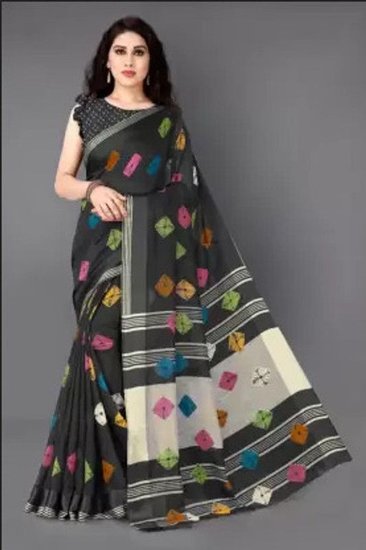 Printed Tant Cotton Linen Saree  (Black)