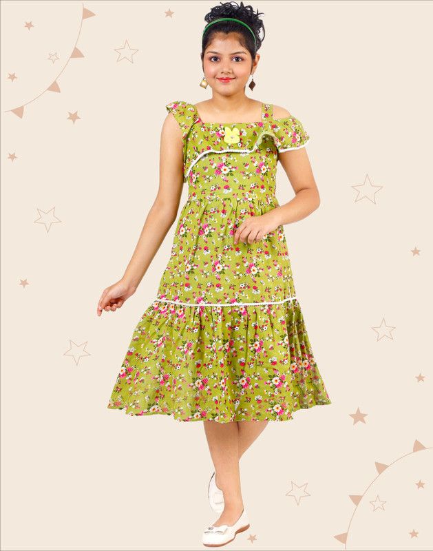 Girls Below Knee Party Dress  (Light Green, Fashion Sleeve)