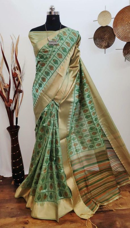 Color Block, Hand Painted, Temple Border, Blocked Printed, Striped Assam Silk Cotton Blend, Art Silk Saree  (Green)