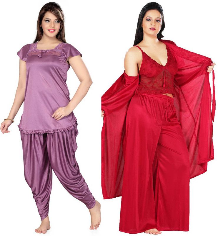 Women Solid Red, Purple Night Suit Set