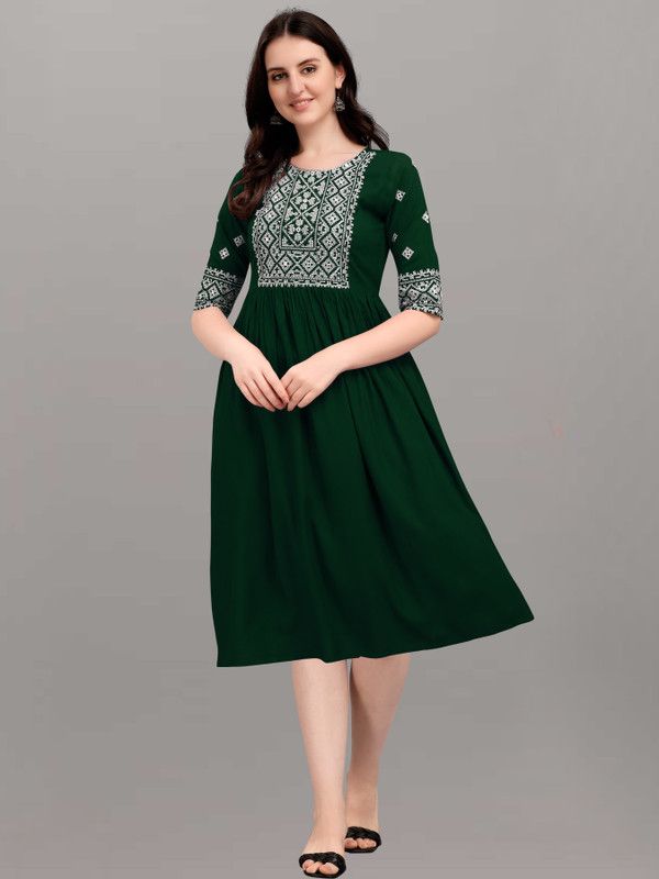 Women Embellished Viscose Rayon Flared Kurta  (Green)