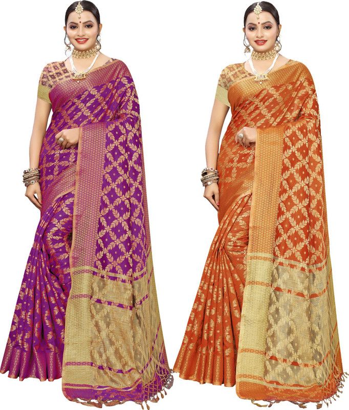 Woven Kanjivaram Cotton Silk Saree  (Pack of 2, Purple, Gold, Orange)