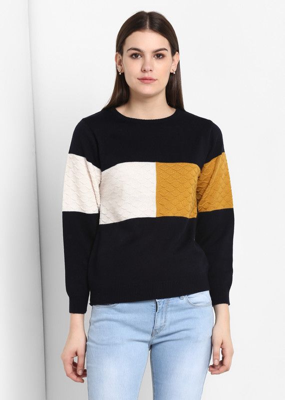 Women Self Design, Printed, Woven Round Neck Dark Blue Sweater