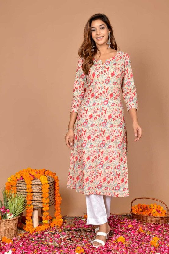 Women Floral Print Pure Cotton Straight Kurta  (Multicolor)