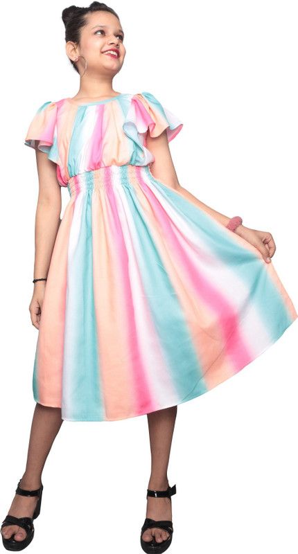 Girls Below Knee Casual Dress  (Multicolor, Short Sleeve)
