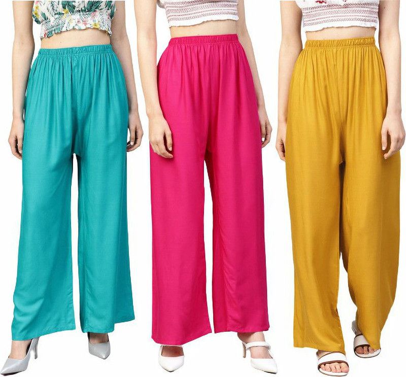 Pack of 3 Women Flared Multicolor Viscose Rayon Trousers