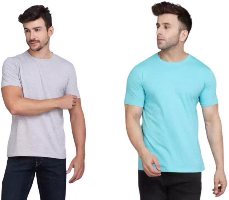 Pack of 2 Men Solid Round Neck Pure Cotton Light Blue, Grey T-Shirt