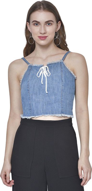 Casual Shoulder Straps Washed Women Blue Top