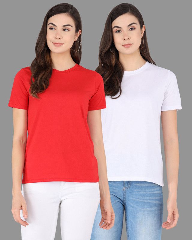 Pack of 2 Women Solid Round Neck Pure Cotton Red, White T-Shirt