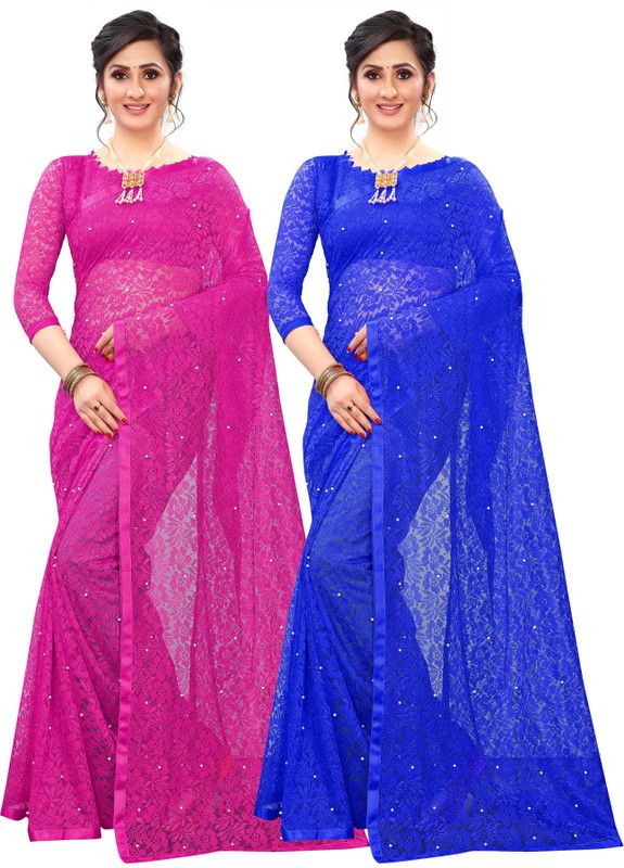 Embellished Bollywood Brasso Saree  (Pack of 2, Blue, Pink)