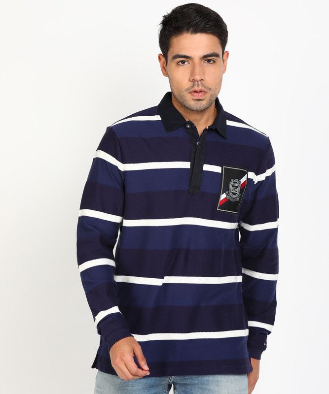 Men Striped Polo Neck Pure Cotton White, Blue T-Shirt