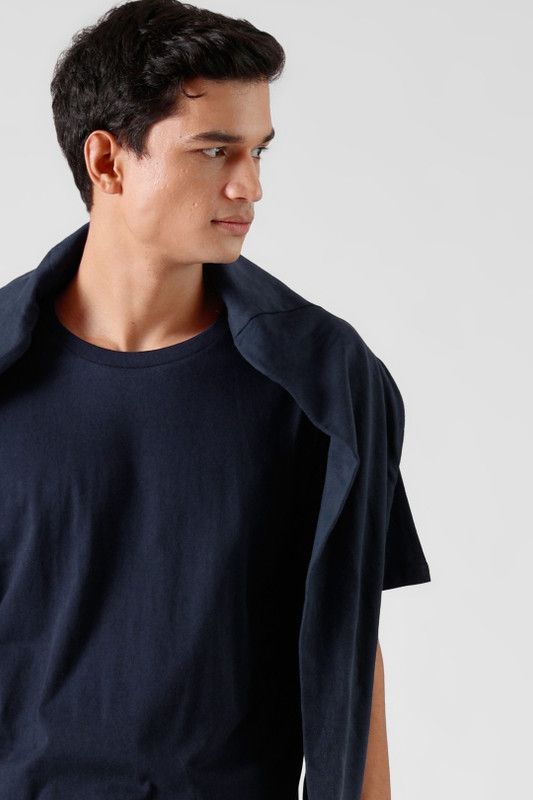 Men Solid Round Neck Reversible Cotton Blend Navy Blue T-Shirt