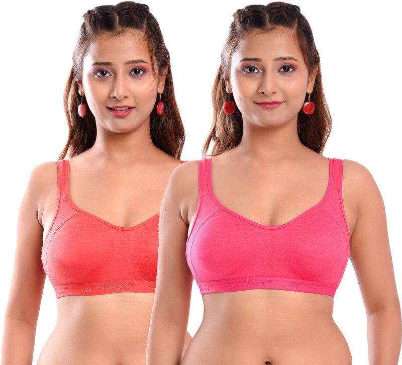 Pack of 2 Women Sports Non Padded Bra  (Orange, Pink)
