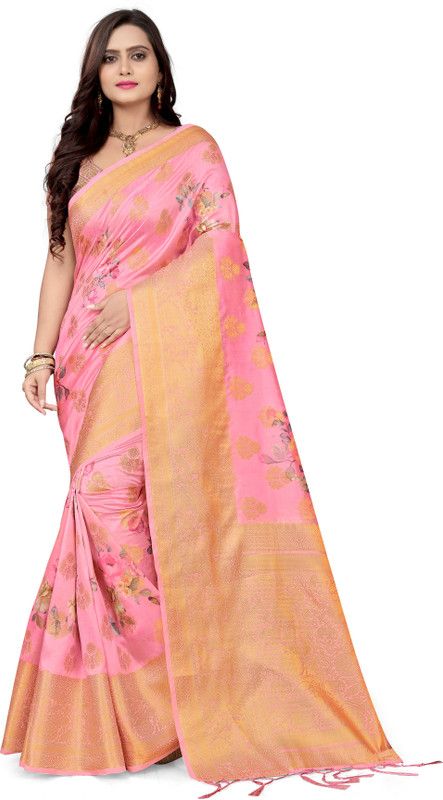 Floral Print Handloom Silk Blend Saree  (Pink)