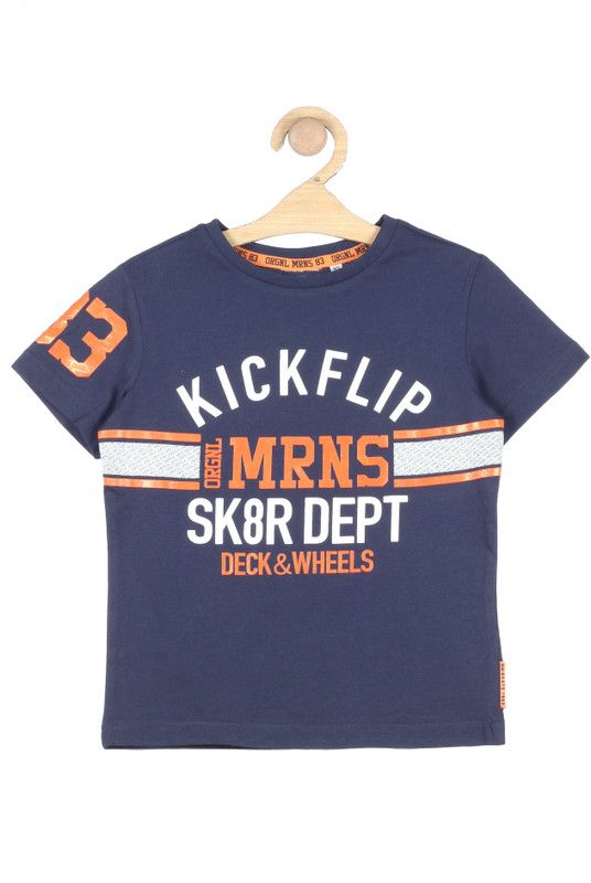 Boys & Girls Typography Pure Cotton T Shirt  (Blue, Pack of 1)