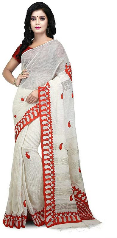 Woven Bollywood Cotton Linen Saree  (White)
