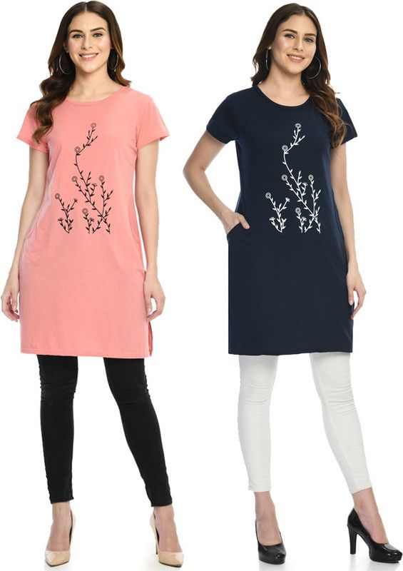 Pack of 2 Casual Regular Sleeves Printed Women Blue, Pink Top