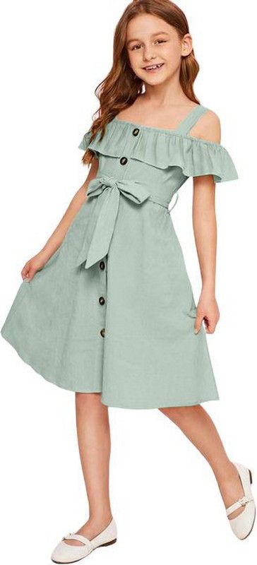 Girls Below Knee Party Dress  (Green, Fashion Sleeve)