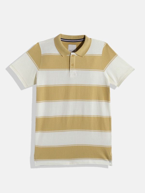 Boys Striped Pure Cotton T Shirt  (Beige, Pack of 1)