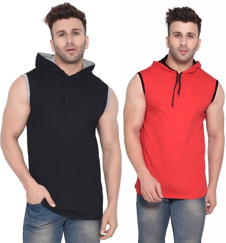Pack of 2 Men Solid Hooded Neck Cotton Blend Red, Black T-Shirt