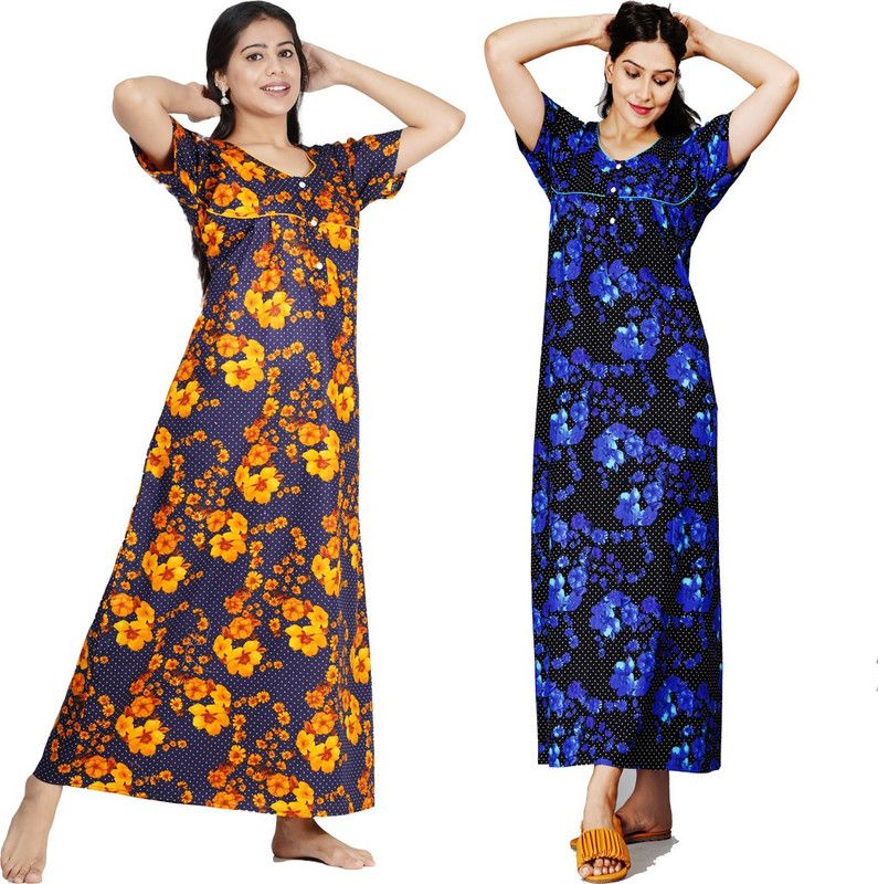 Pack of 2 Women Nighty Set  (Yellow, Dark Blue)