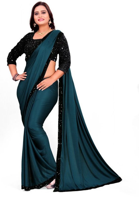 Embellished Fashion Lycra Blend Saree  (Dark Blue)