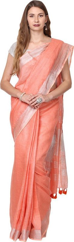 Solid/Plain Bhagalpuri Handloom Linen Saree  (Orange)