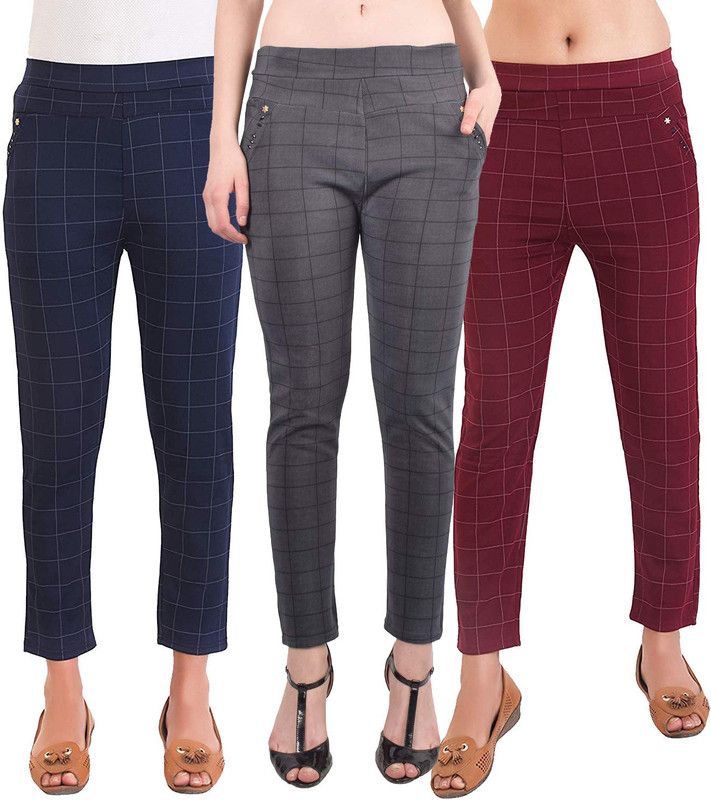 Pack of 3 Women Slim Fit Dark Blue, Maroon, Grey Polycotton Trousers