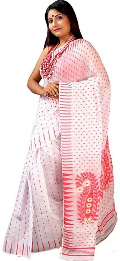 Self Design, Woven Jamdani Cotton Silk Saree  (Red, White)