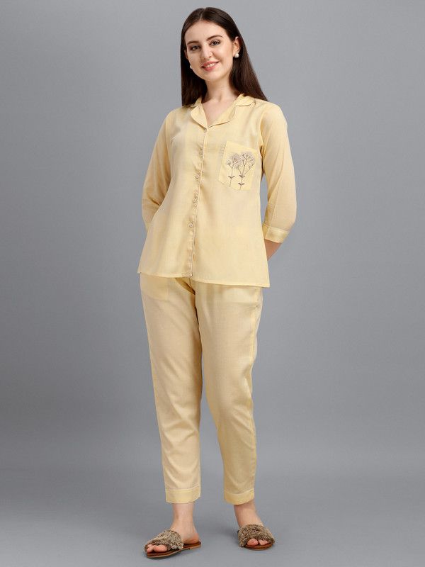 Women Shirt & Pyjama set Yellow Embroidered