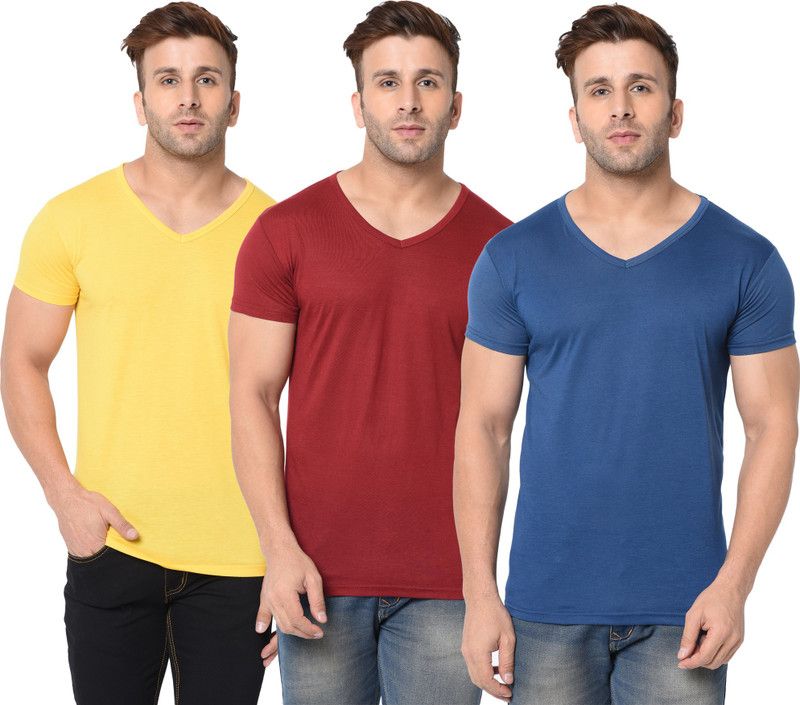 Pack of 3 Men Solid V Neck Cotton Blend Maroon, Blue, Yellow T-Shirt