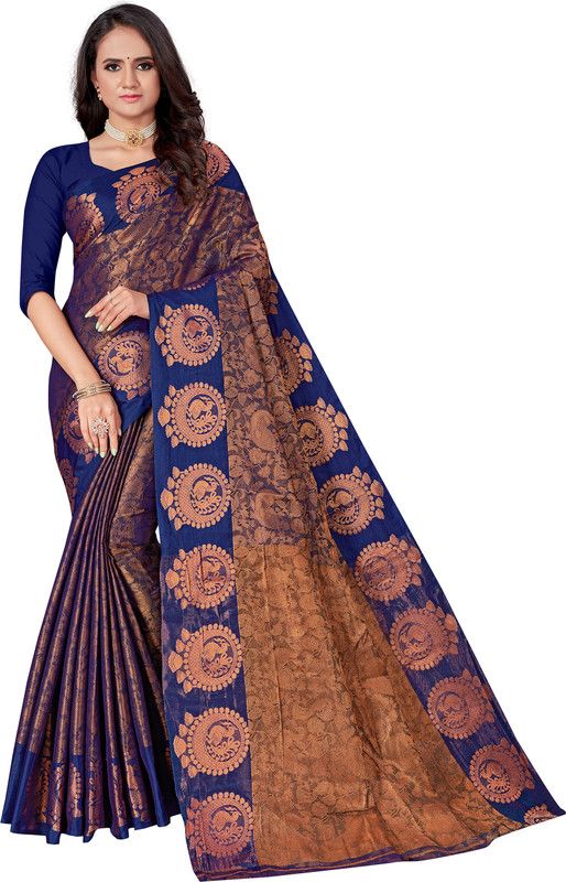 Printed Kanjivaram Silk Blend Saree  (Blue)