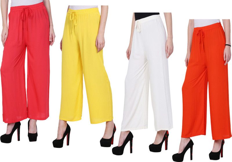 Women Regular Fit Red, White, Yellow Cotton Blend Trousers