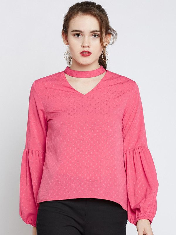 Casual Balloon Sleeve Self Design Women Pink Top