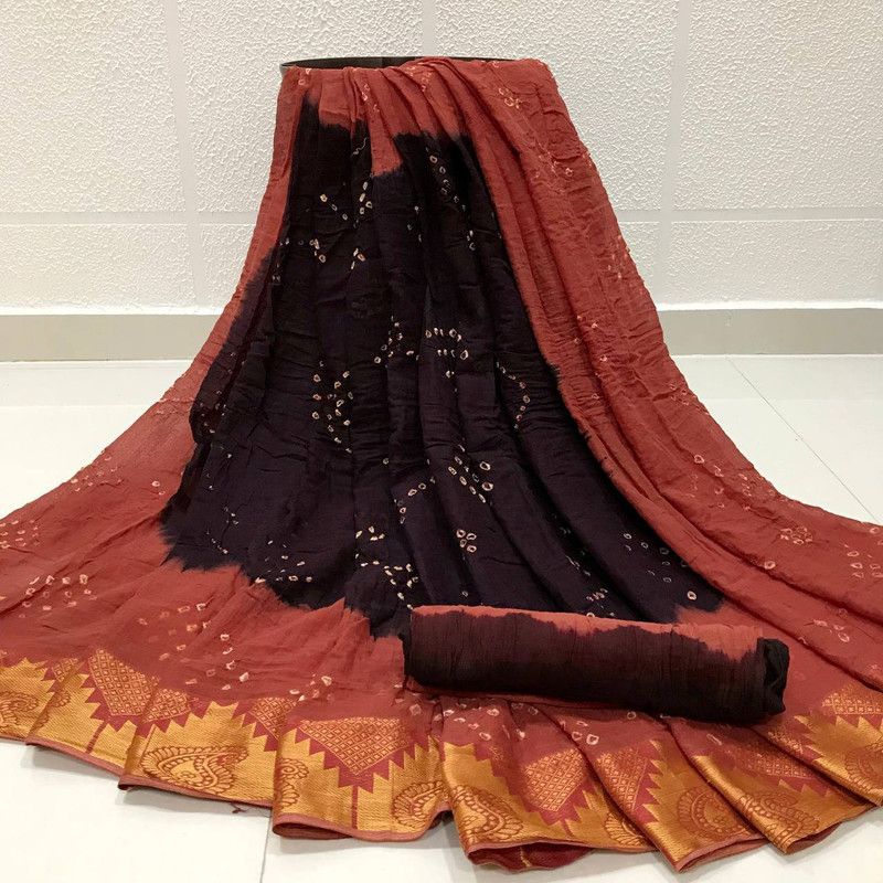 Bandhani Cotton Jute Saree  (Brown, Maroon)