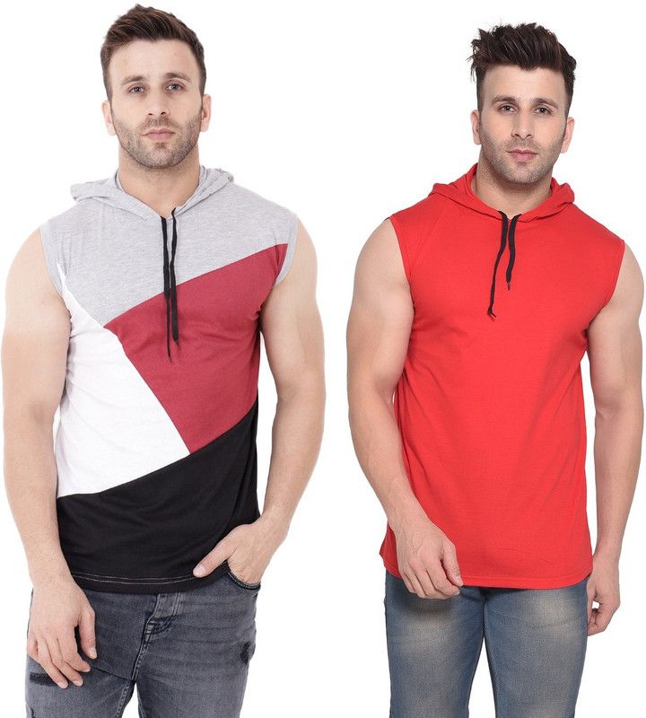 Pack of 2 Men Solid Hooded Neck Cotton Blend Multicolor, Red T-Shirt