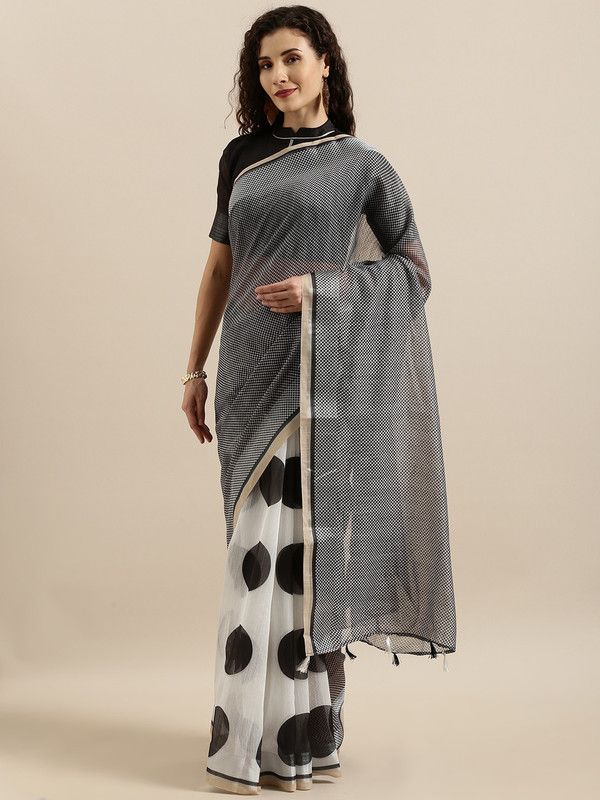 Polka Print Bollywood Linen Saree  (Black)