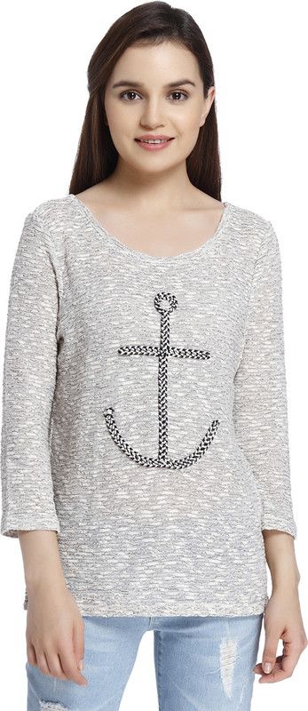Casual Regular Sleeves Embroidered Women White, Grey Top