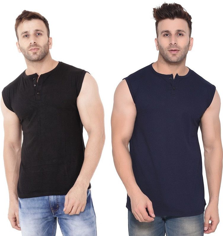 Pack of 2 Men Solid Round Neck Cotton Blend Dark Blue, Black T-Shirt