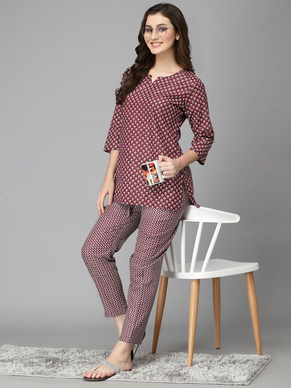 Women Night Suit Set Maroon Floral Print