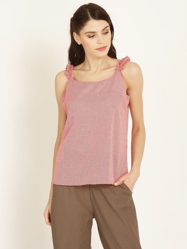 Casual Shoulder Straps Checkered Women Pink Top